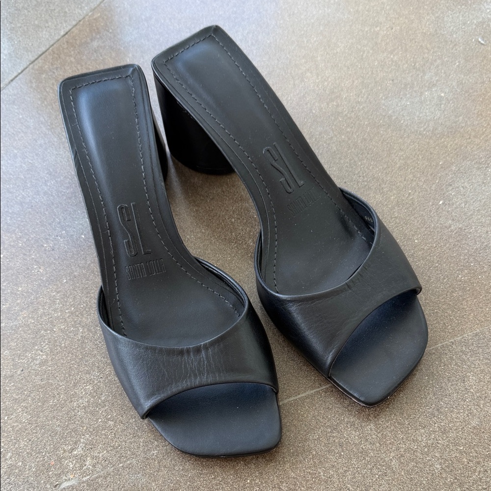 Black Open-Toe Leather Mule Heels